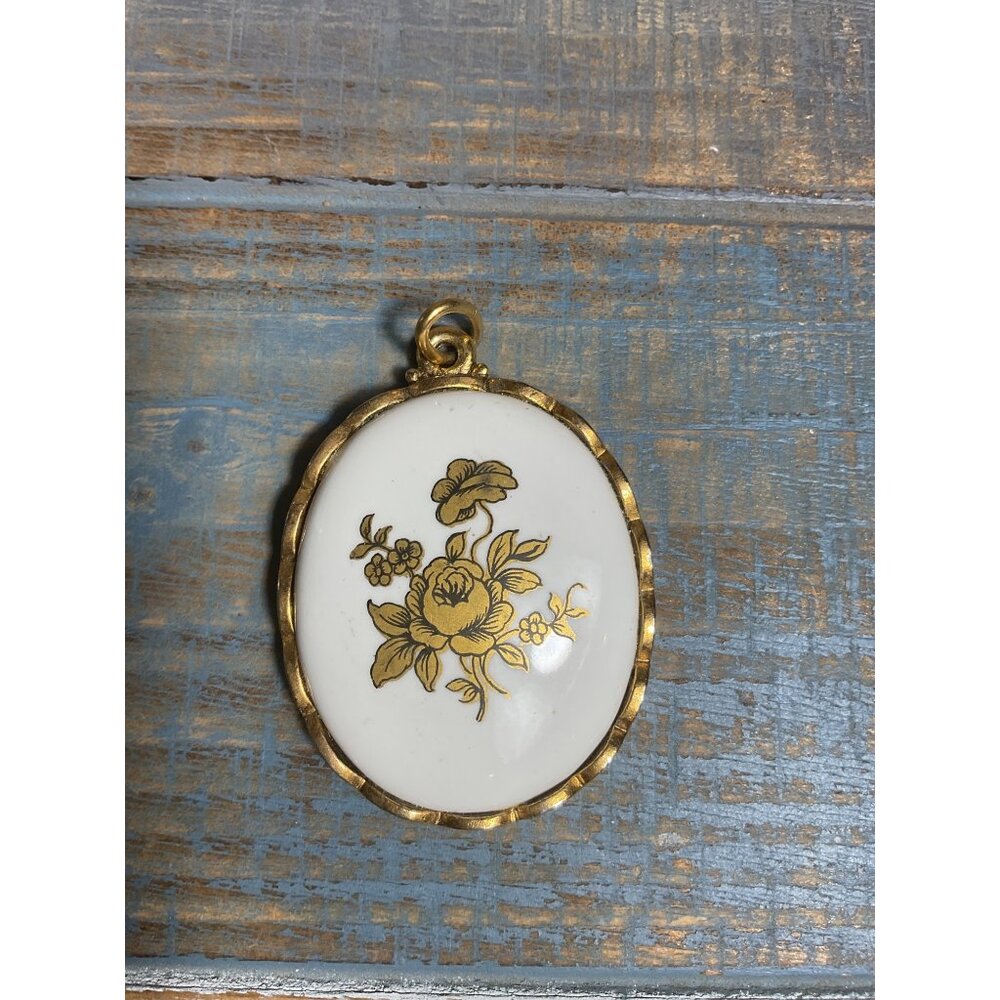 Vintage Hand Painted Gold Floral Porcelain Pendant